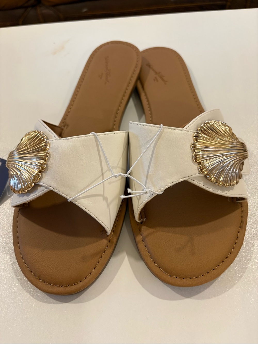 Target White Slide Sandals with Gold Shell Accents